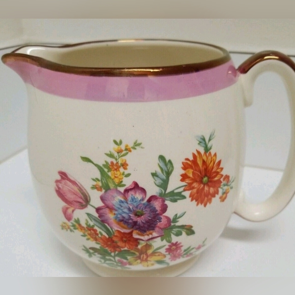 Gray's Pottery Stoke on Trent Handpainted Flowers Copper Lustre Trim 4" Pitcher